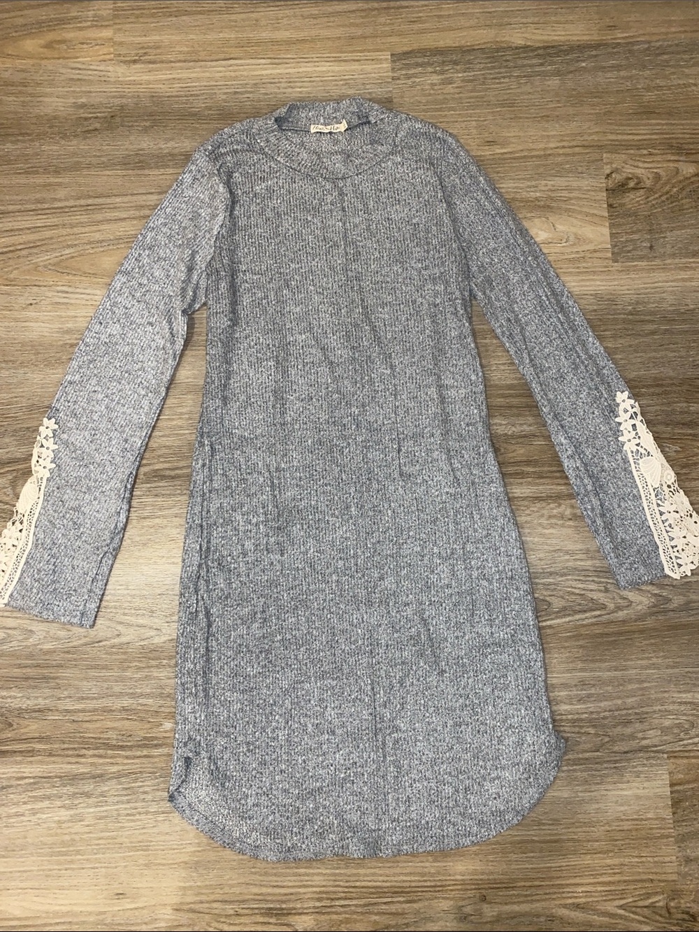 Heart & Hips Heather Gray Long Sleeve Knit Dress with Lace Cuffs